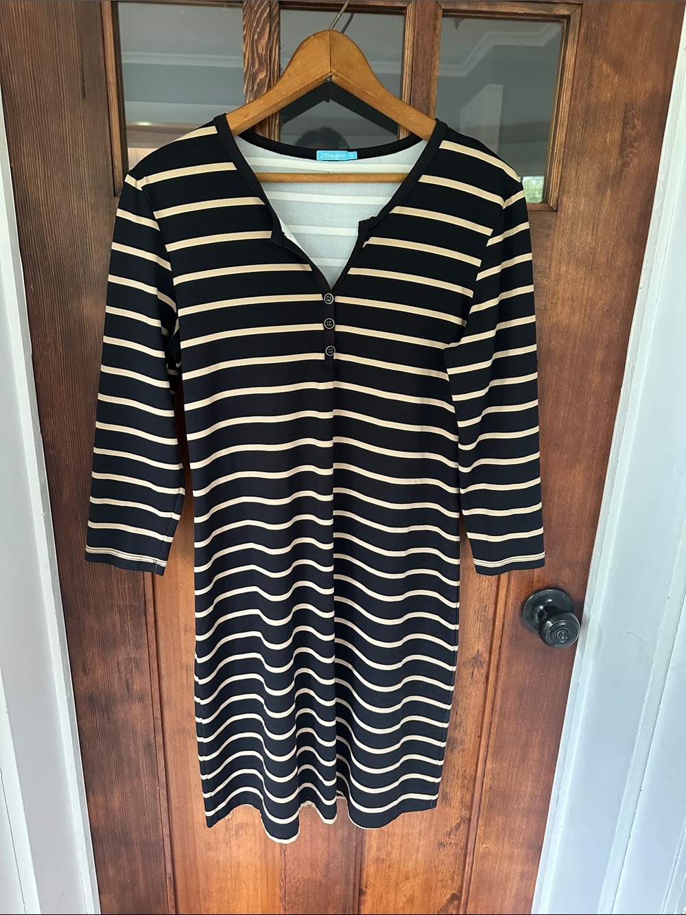 J.McLaughlin Lynn Black Tan Striped Catalina Cloth Henley Dress Sz M 3/4 sleeves